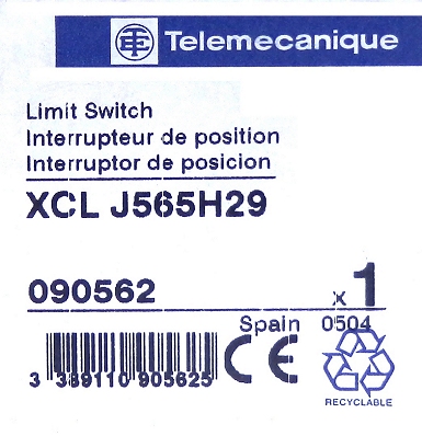 Label =- Telemecanique XCL J565 H29 Side Plunger with Vertical Roller Bearing Limit Switch