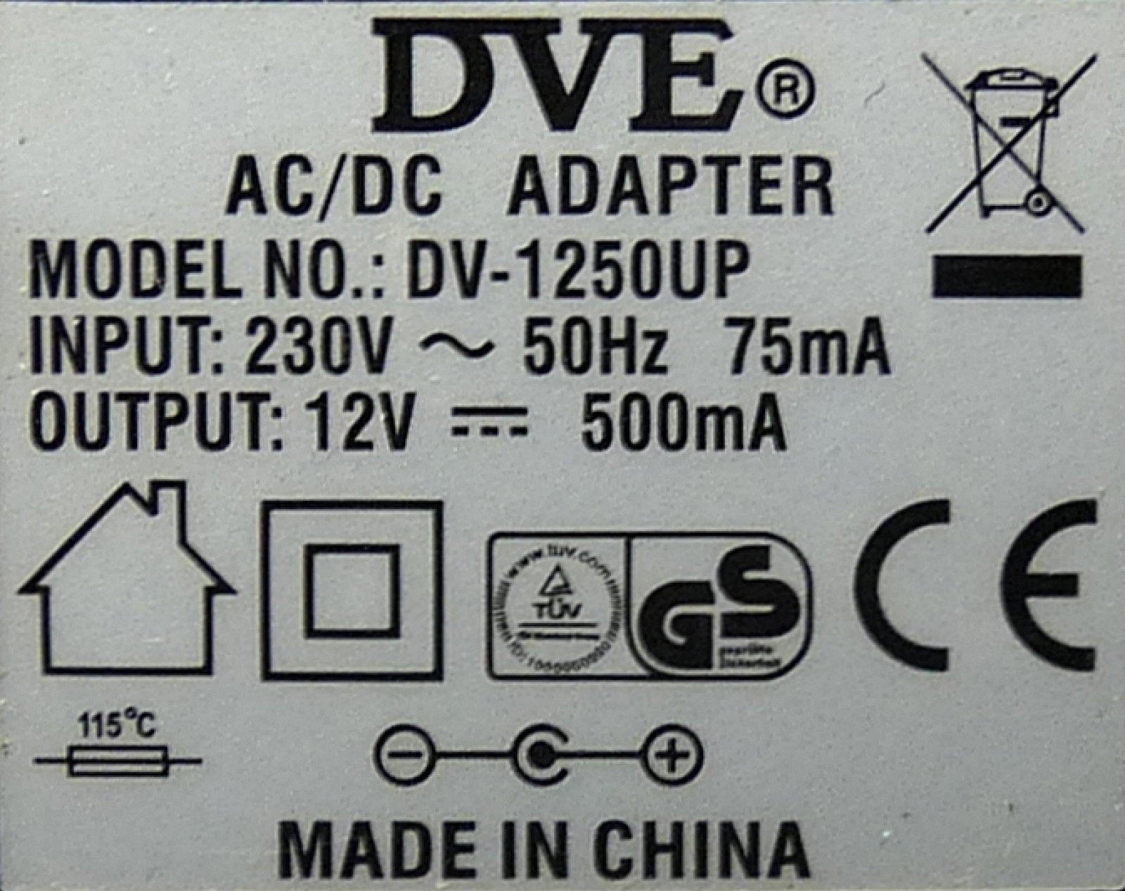 Technical Data European 2Pin DVE Model DV1250UP Power Adapter