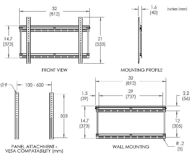 Omnimount 1N1-L Large/Extra Large Flat Panel Mount to VESA 600 x 400 - Silver - Dimensions