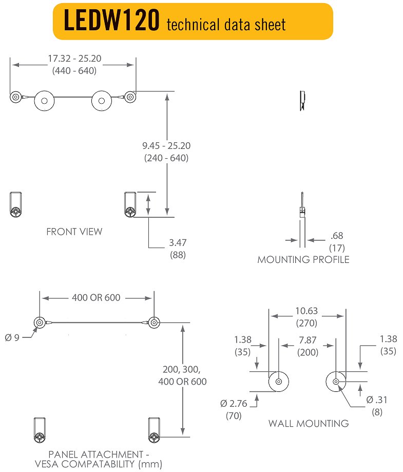 Dimensions - Omnimount LEDW120 Suspension LED TV Wire Mount, 400mm, 600mm