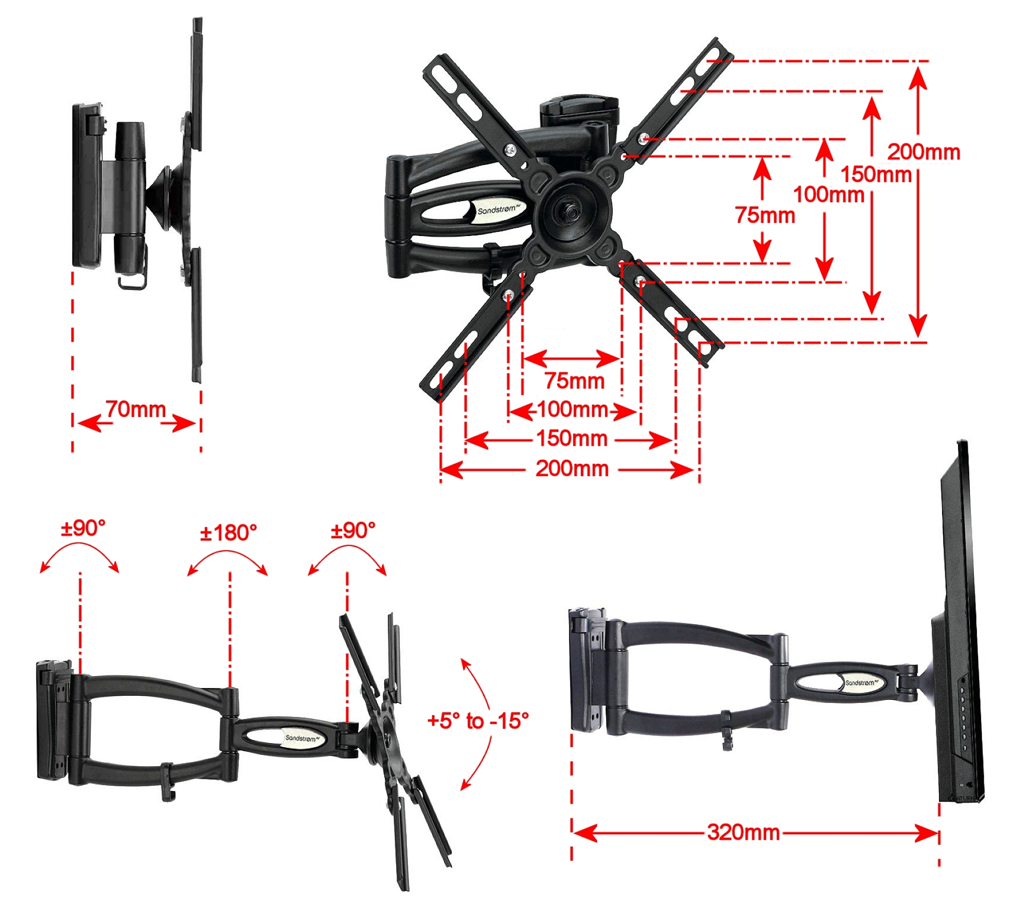 Technical Data SANDSTROM SFMS14 Full Motion Cantilever TV Bracket for TVs from 16"32"