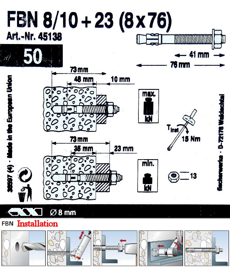 Technical Data Fischer FBN 8/10 Fixings Box of 50. Art No 45138