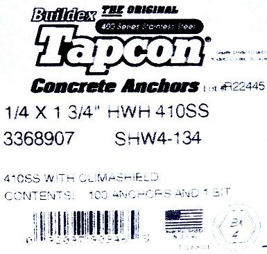 Label - Box of 100 ITW Buildex Spit Stainless Steel Tapcon 6x45mm 1/4"x1-3/4" Hex Head 3368907 SHW4-134 Concrete Anchor screw HWH-410SS