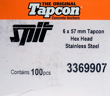 Label - Box of 100 ITW Buildex Spit Stainless Steel Tapcon 6x57mm 1/4"x2-1/4" Hex  Head 3369907 SHW4-214 Concrete Anchor screw HWH-410SS