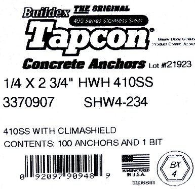 Label - Box of 100 ITW Buildex Spit Stainless Steel Tapcon 6x70mm 1/4"x2-3/4" Hex  Head 3370907 SHW4-234 Concrete Anchor screw HWH-410SS