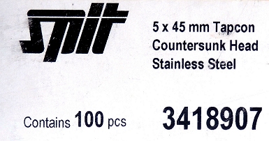 Label - Box of 100 ITW Buildex Spit Stainless Steel Tapcon 5x45mm 3/16"x1-3/4" CountersunkCsk 3418907 Concrete Anchor screw PFH-410SS