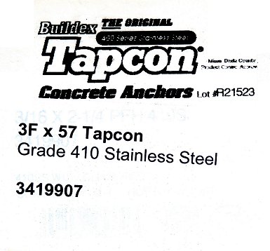 Label - Box of 100 100 ITW Buildex Spit Stainless Steel Tapcon 5x57mm 3/16"x2-1/4" CountersunkCsk 3419907 Concrete Anchor screw PFH-410SS