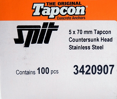 Label - Box of 100 ITW Buildex Spit Stainless Steel Tapcon 5x70mm 3/16"x2-3/4" CountersunkCsk 3420907 Concrete Anchor screw PFH-410SS