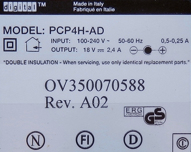 Label - AC/DC Notebook power Adaptor 18 Volts 2.4Amps - PCP4H-AD Originally for Digital SL & Olivetti Philos 44 Series Notebook, Switch Mode, 5.5 x 2.5mm. Pn OV35007588 Rev A02