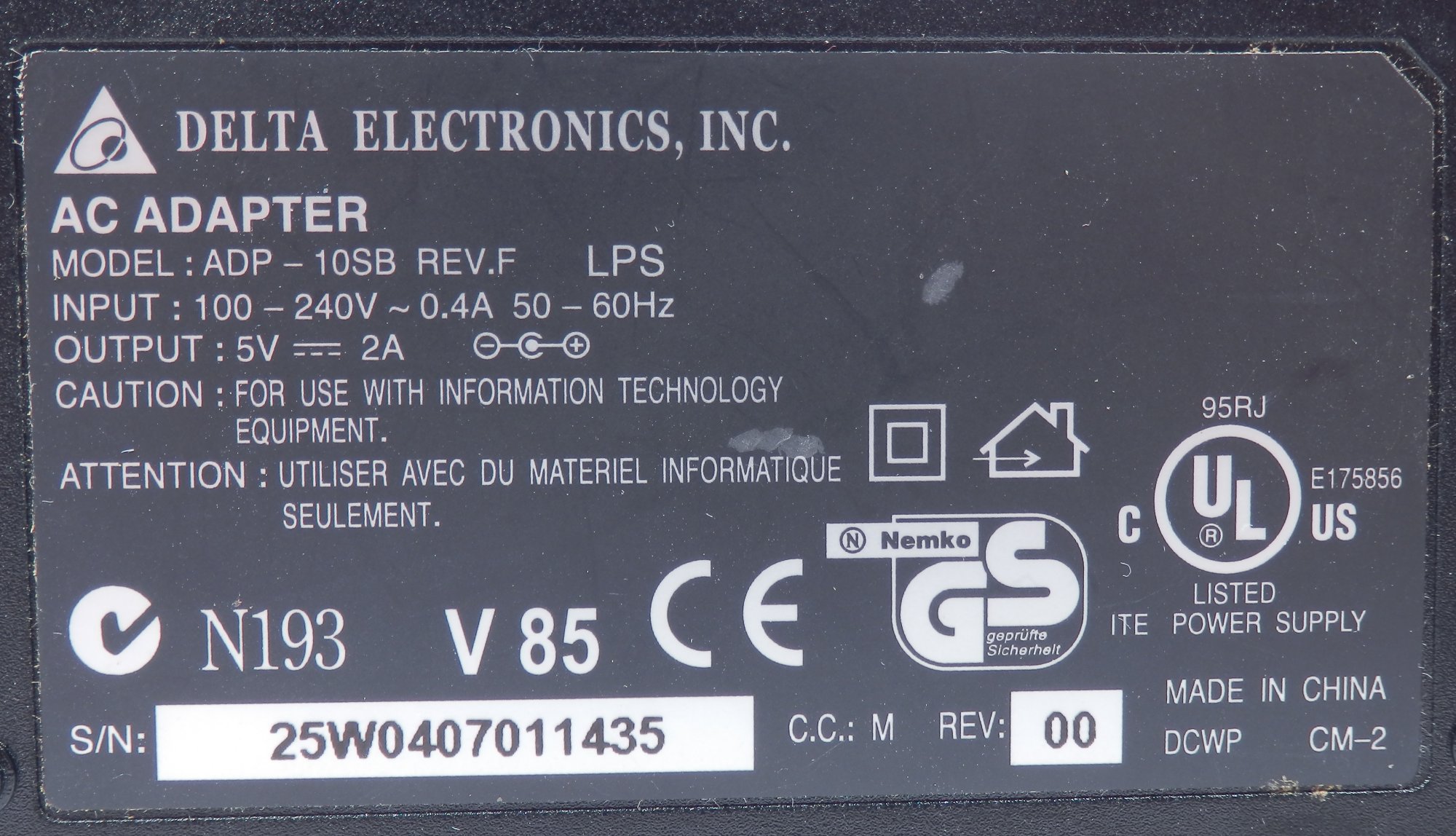 DELTA Electronics Inc. Model ADP10SB Rev F, Power Adapter Output 5
