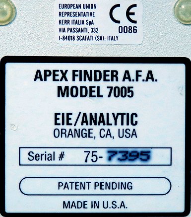 ID Label - EIE/Analytic 7005 Dental Apex Finder A.F.A Model 7005 Dental Apex Finder. Main unit only, No probe included. Manufactured by Analytic Endodontics. Made in USA