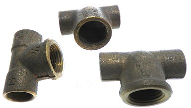 Picture - 3 x Brass 1/2" BSP Female (screw thread) to 15mm x 15mm End feed Tee plumbing fitting / connector.