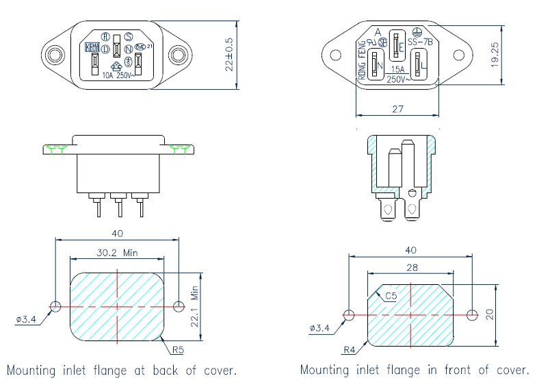 Dimensions - IEC C14 Mains inlet scoket 10/15Amp 250VAC 4.8mm Tab or Solder. Rong Heng SS-7B-VDE.