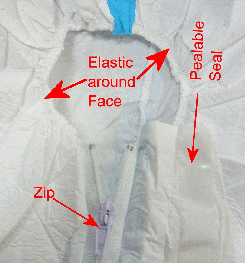 Face & Zip area - Disposable Coverall / Overall / Suit with hood & Cuffs. Fully taped seams - Box of 20 3M 1863 Fluid resistant Respirator mask. FFP3 filtering EN 149:2001