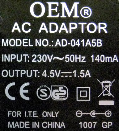 Label Picture - European 2-Pin Model AD-041A5B Power Adapter, Output 4.5 Volts @ 1.5Amp (1500 mA)