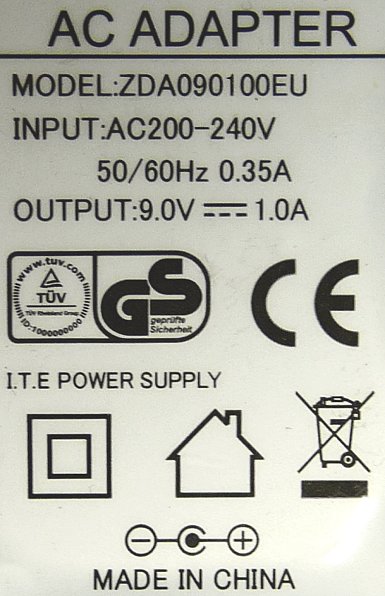 Label picture - European 2-Pin Model ZDA090100EU Switch Mode Power Adapter, Output 9 Volts @ 1Amp (1000mA)