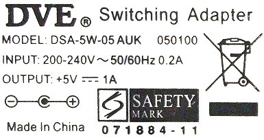 Label - DSA-5W-05 AUK Switch Mode Power Adapter, Output 5 Volts @ 1Amp