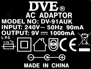 Label - DVE Model DV-91AUK Power Adapter, Output 9 Volts @ 1Amp (1000 mA)